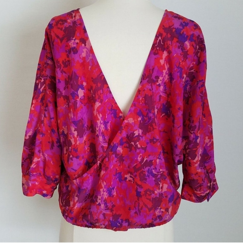 Joie Silk V-Back Camouflage Blouse, Batwing 3/4 Sleeves